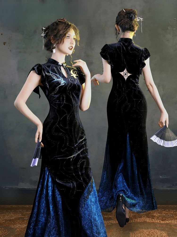 Chinese Black Blue Shimmer Velvet Long Qipao Swallow Embroidery - sijinstudio