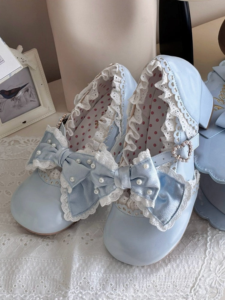 Blue Sweet Trim Mary Mid-Heel Lolita with - Style Lace Party Janes Tea