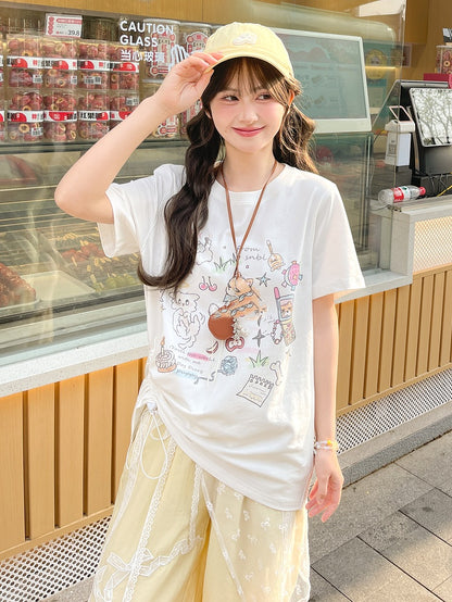バージョンTシャツ ベージュ 愛らしいキツネプリント ロング/ショート