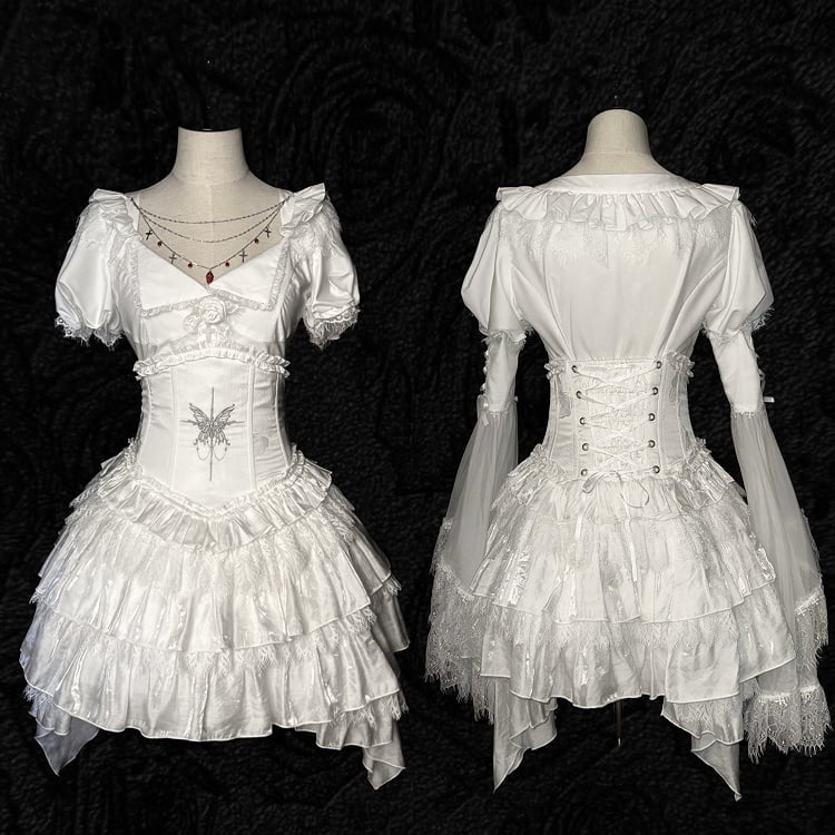 Corset Butterfly Gothic Lolita with Waist Boned Embroidery Tiered White Skirt