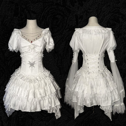 Corset Butterfly Gothic Lolita with Waist Boned Embroidery Tiered White Skirt