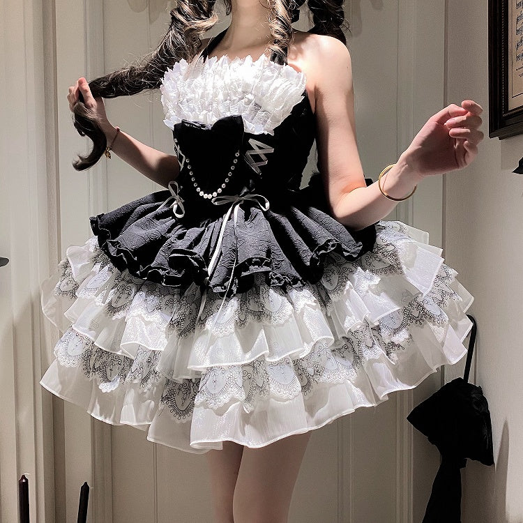 Balletcore Schwarzes Neckholder-Kleid mit weißem Prinzessinnen- und Lolita-Ausschnitt