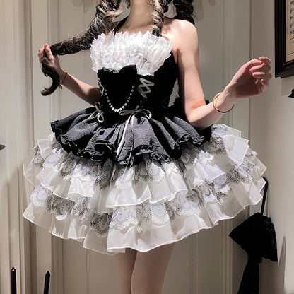 Balletcore Schwarzes Neckholder-Kleid mit weißem Prinzessinnen- und Lolita-Ausschnitt