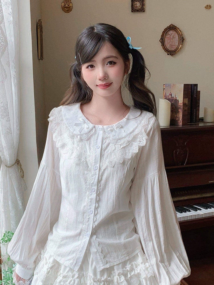 White Kawaii Lace Trim Blouse - Lan Jian Chuan