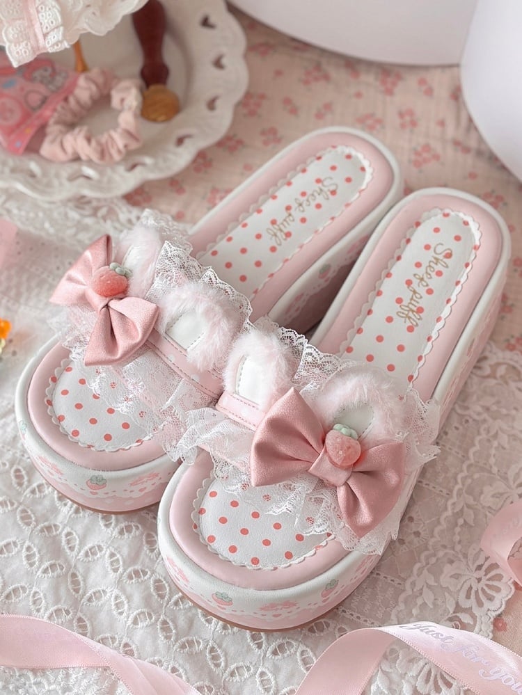 Sweet Accents Lolita Bunny Bow Pink Plush Slippers Ear Trim Platform Lace