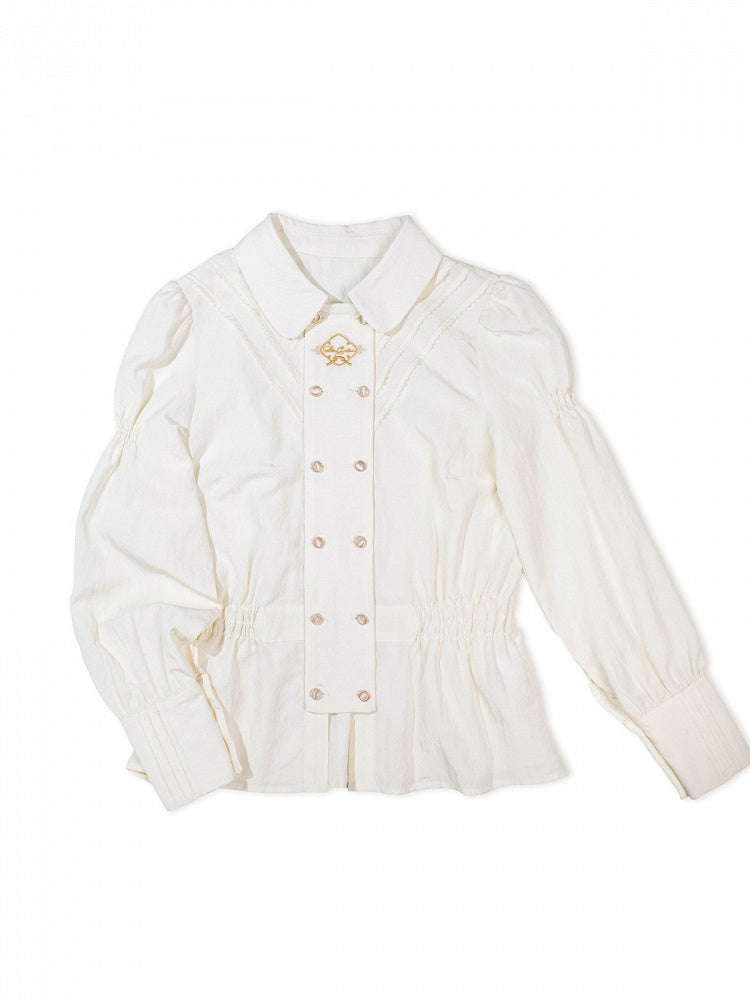 White Long Sleeve Smocked Waist Elegant Lolita Blouse - Crucis Universal Tailor Company