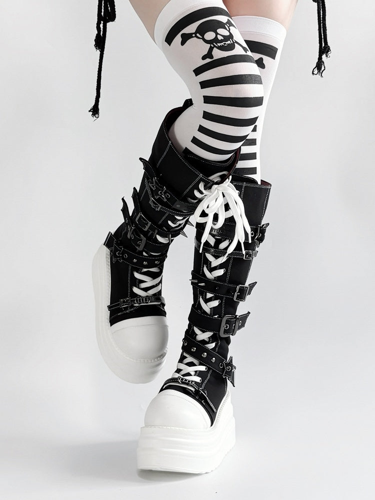 Y2K Canvas Punk Buckle - Black Platform Knee-Highs