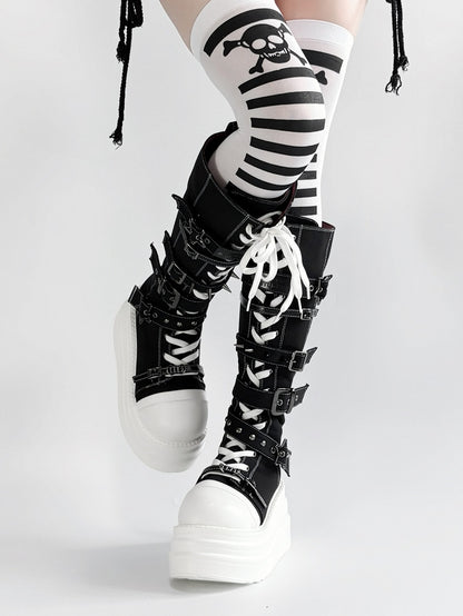 Y2K Canvas Punk Buckle - Black Platform Knee-Highs