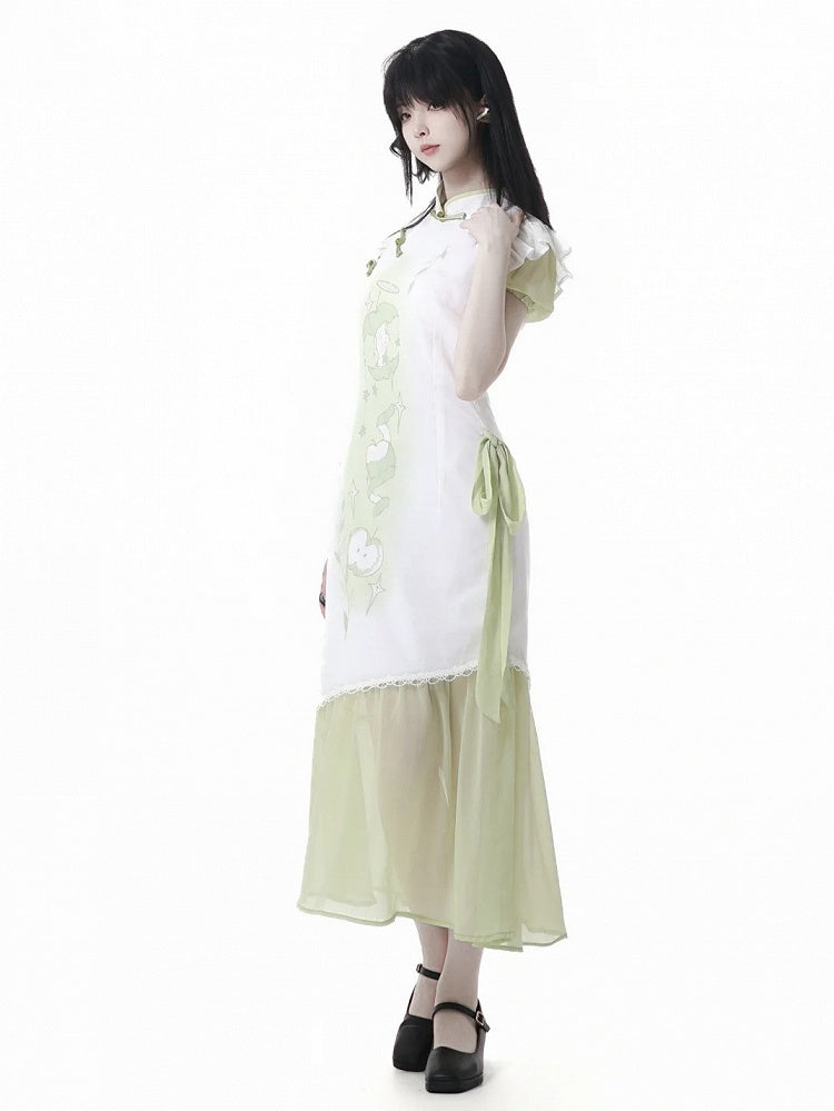 Banded Dress Qipao Collar Apple Print Cheongsam Style Buttons Green Knot
