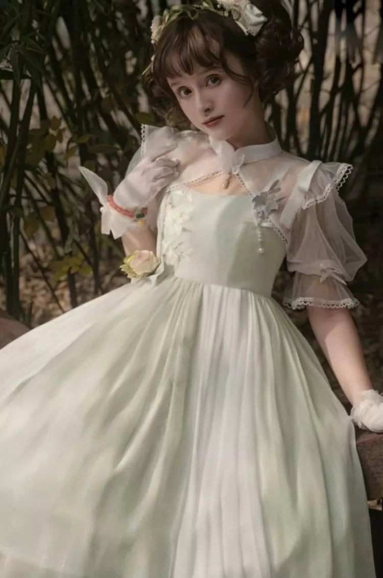 Green Floral Embroidery Dress + White Banded Collar Top