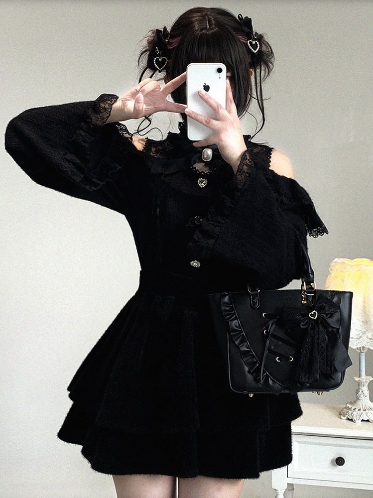 Cutout Lace Shoulder Jirai Heart 3 Colors Rhinestone Blouse Kei Button