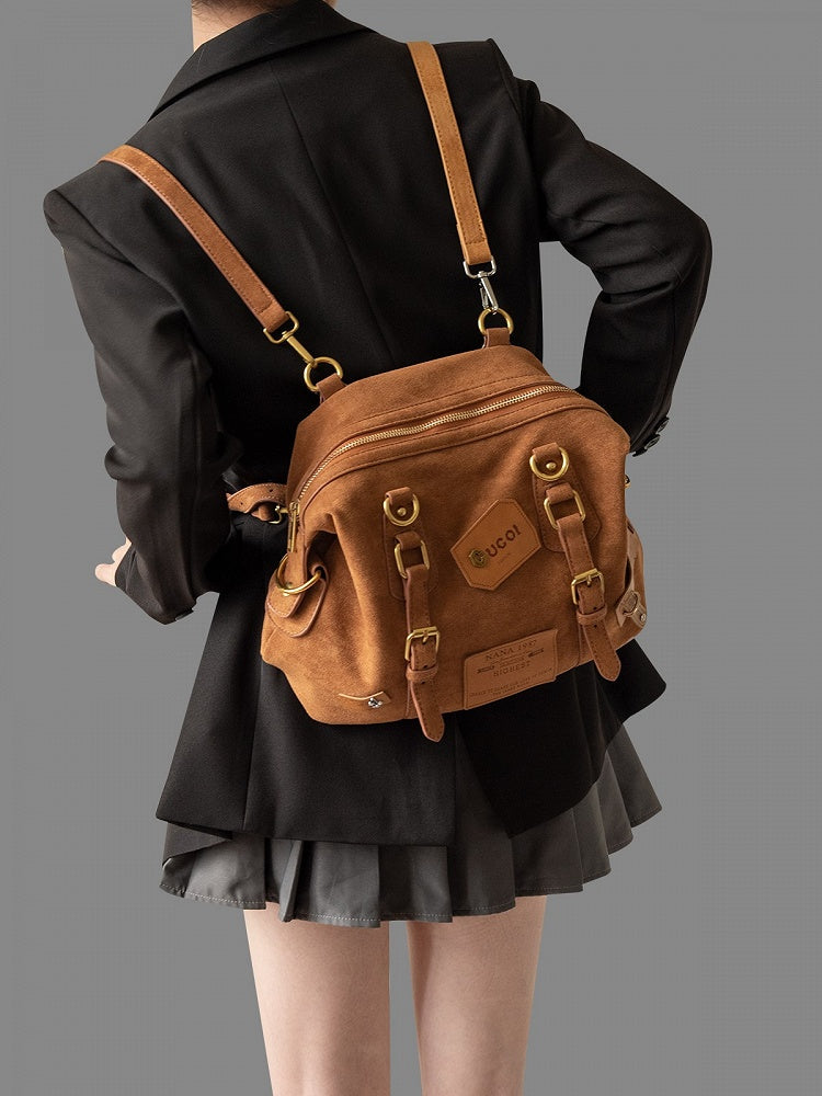 Belt Accents Vintage Brown 2-Way Backpack With