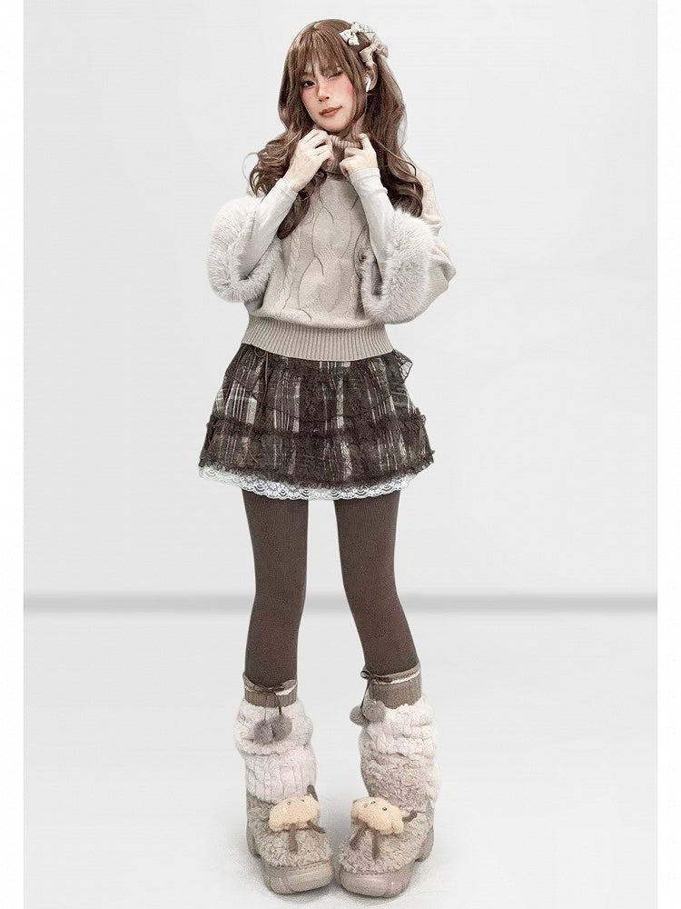 Batwing Sleeve Sweater Design Plush Neck Turtle - Cuff Beige