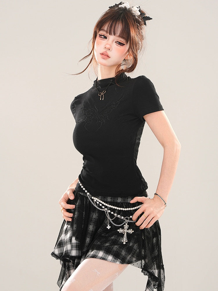 ブラック/ホワイト バタフライ モックネック Tシャツ 背中にレースパッチワーク