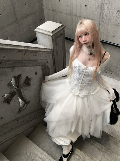 Embossed Lace-Up Back with Jacquard Lace Black/White Top Sleeve Frill Long