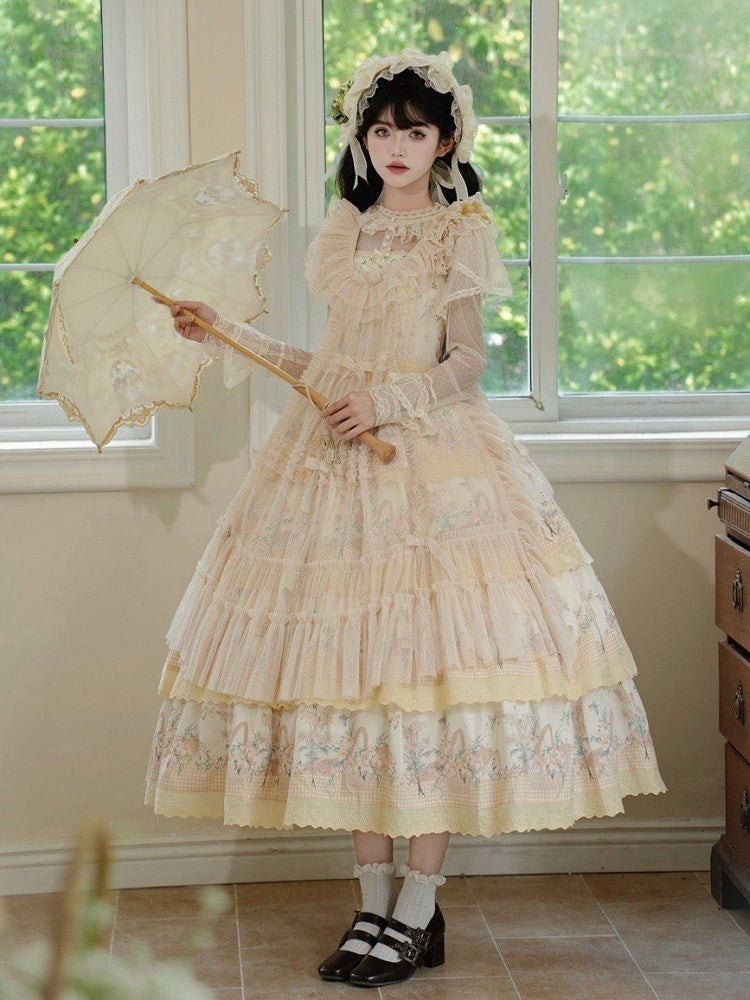 Lily Cherry Tiered Floral Dress Lolita Skirt Jumper Yellow and Classic Print