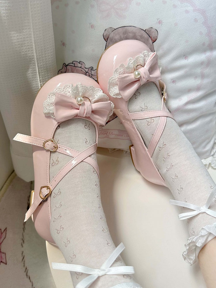 Heart Trim 2.5cm Snap Pink Low-heel Shoes Sweet Lace Lolita with