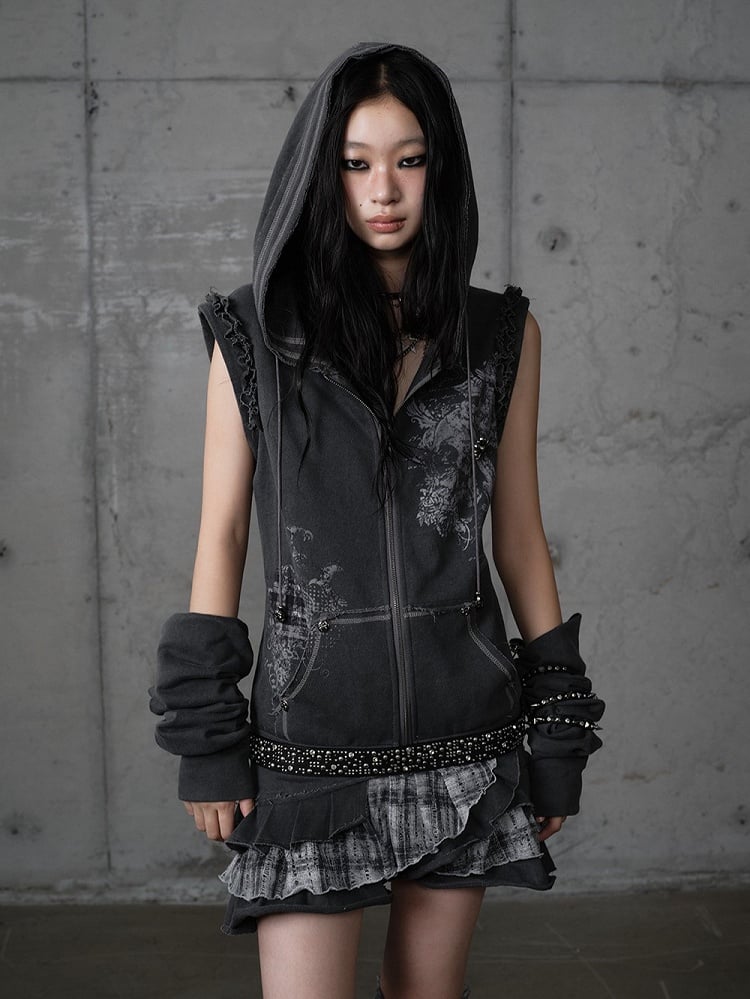 Wasteland Detachable Y2K with Dark Gray Hoodie Skirt Plaid Layered Sleeves Punk Dress