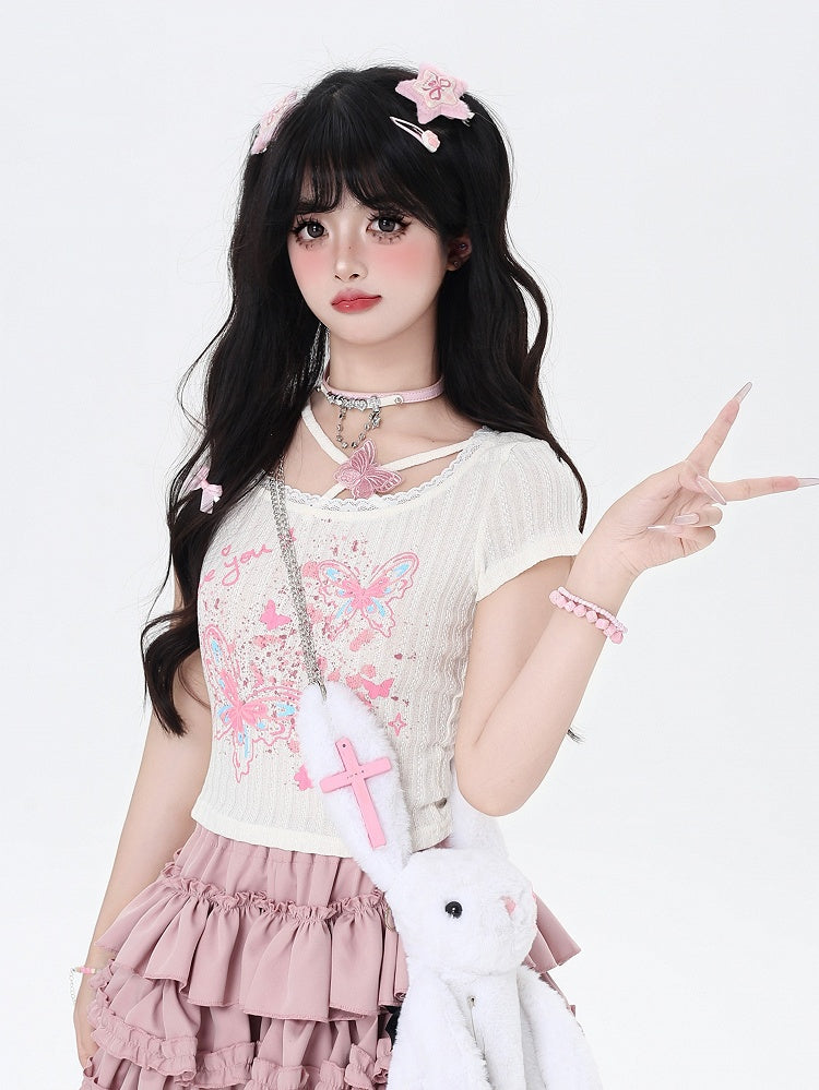 バタフライプリント クロップドTシャツ ブラック/アプリコット