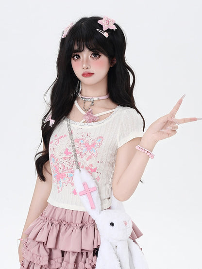 バタフライプリント クロップドTシャツ ブラック/アプリコット