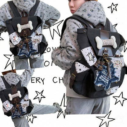 Patches Drawstring Star white and Washed Distressed Backpack Black with Canvas