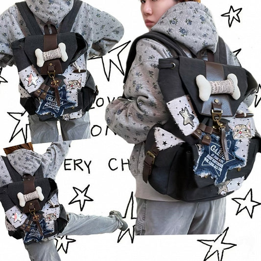 Patches Drawstring Star white and Washed Distressed Backpack Black with Canvas