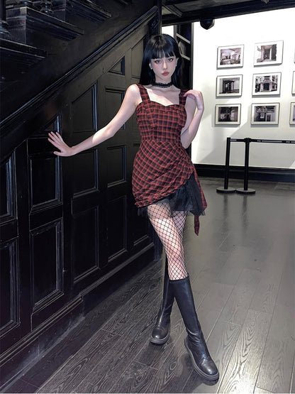 Red & Black Plaid Asymmetrical Hem Slim-fitting Sleeveless Dress