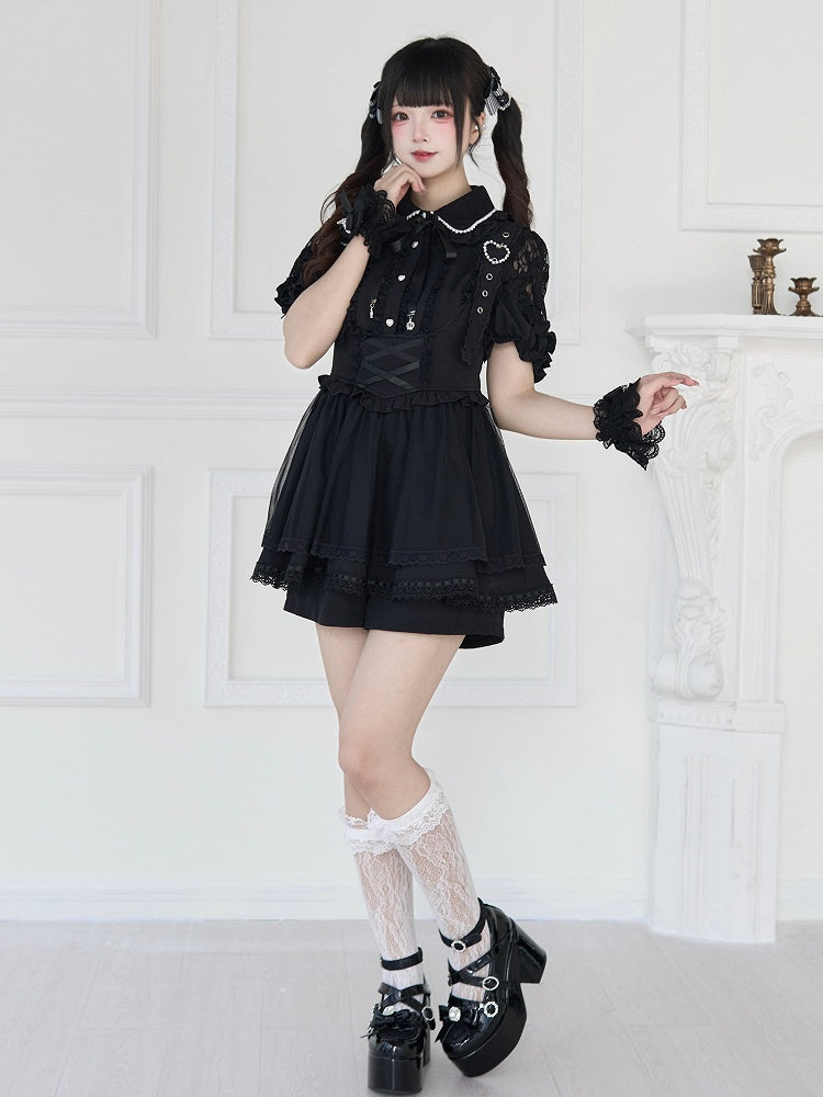 Jirai Kei Black/White Short Sleeves Blouse with Beaded Collar