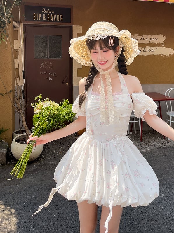 Waist Sweet White Puff Sleeves Basque Halter Neck Floral Dress