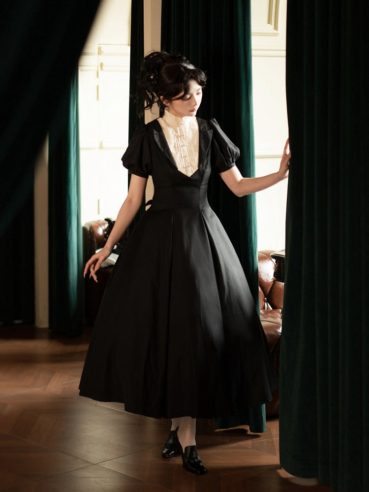 Elegant Neckline Beige Dress Waist One Piece Ruffle Sleeves Short Lolita Slim Black