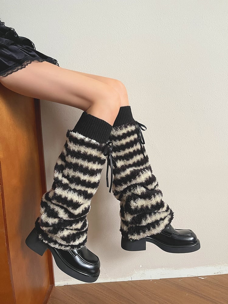 Black Bows Warm Fuzzy Pattern Leg Beige Warmers Y2K Striped with