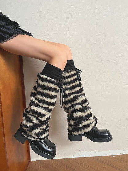 Black Bows Warm Fuzzy Pattern Leg Beige Warmers Y2K Striped with