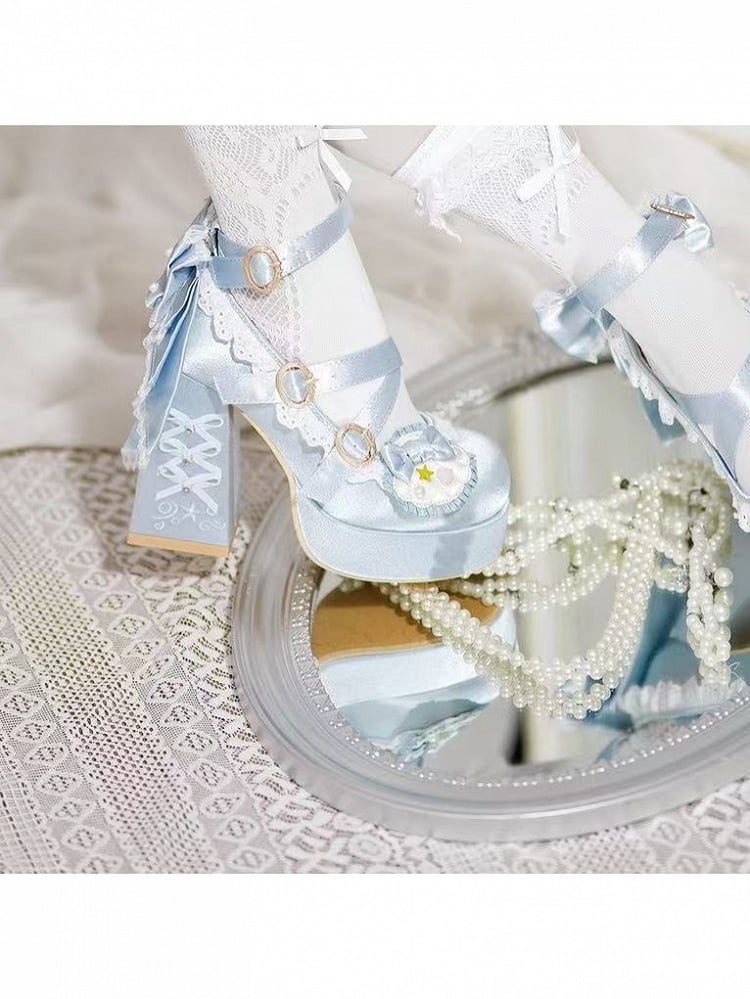 Light Blue Round-Toe Lolita Shoes, 11.5CM Bowknot Block Heel, Pearl & Shell - Bad Bear