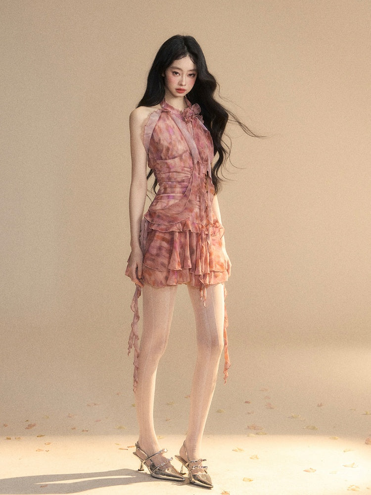 Brick Red Halter Neck Ruffled Hem Tiered Skirt Dress Glamorous