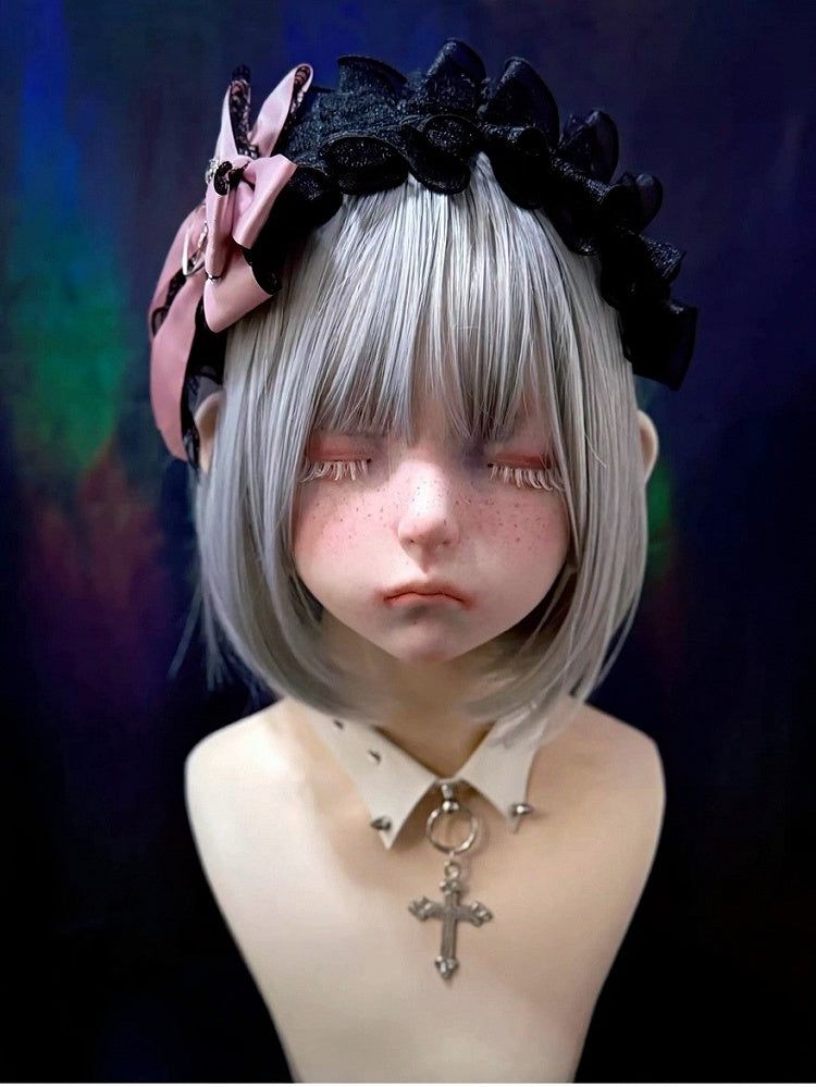 Black and Pink Ruffled Lace KC Bow - Strange Sugar