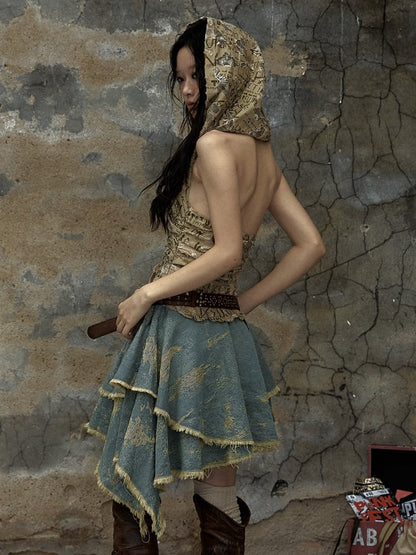 Buchstaben Khaki Top Denim Taschentuch Rock Punk Kapuzenkleid