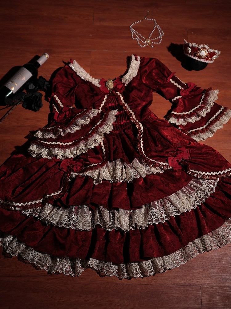 Elegant Wine Red Hime Dress with Bell Sleeves, Bowknots & Layered Skirt - Strawberry Cocoa Lolita