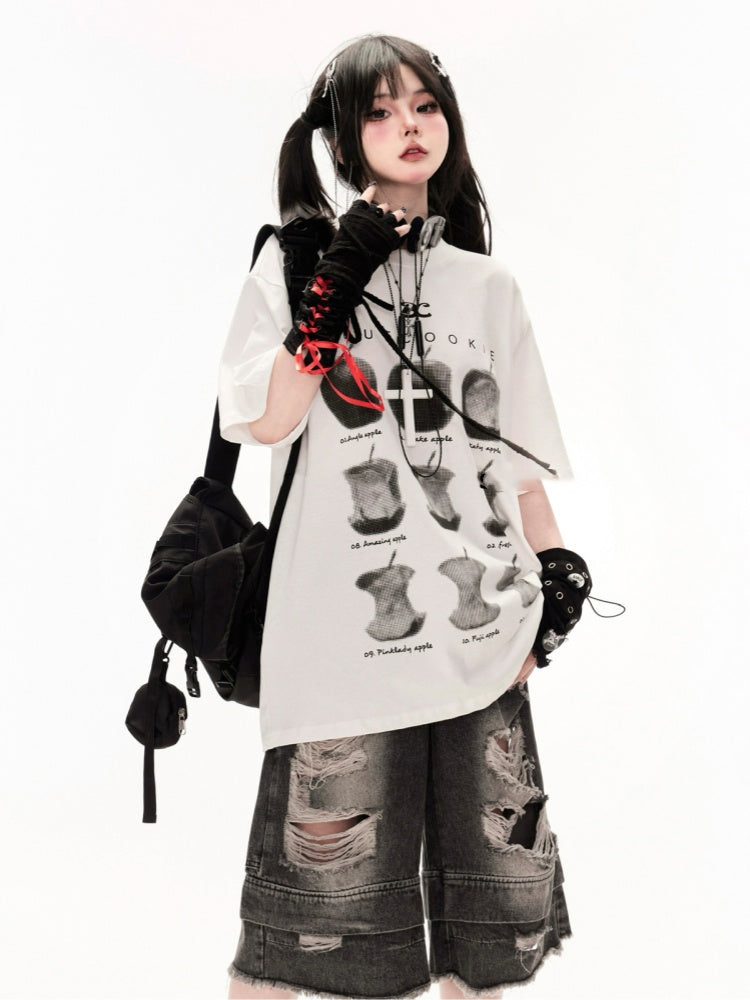 Tシャツ ホワイト ラウンドネック アップルプリント ルーズ