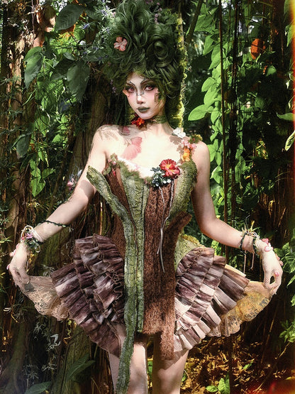 Brown and Green Asymmetrical Forest Fairy Goth Branch Corset