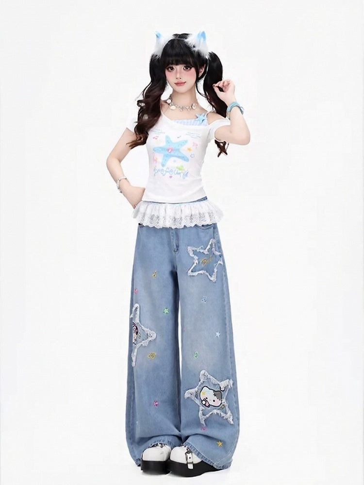 Blue Starfish Print Off-Shoulder Tee with Lace Hem - CRAZY GIRL