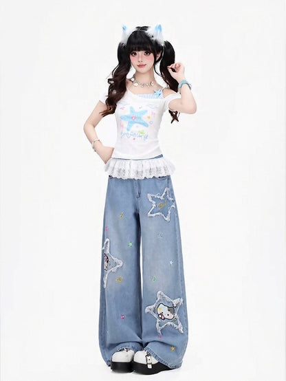 Blue Starfish Print Off-Shoulder Tee with Lace Hem - CRAZY GIRL