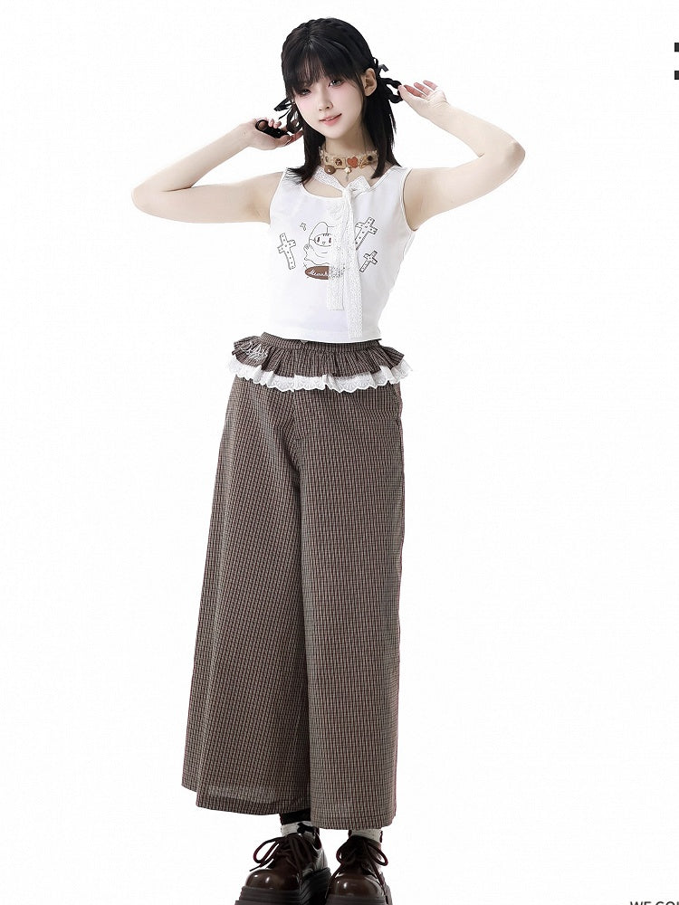 セルフタイストラップ付きホワイトキャットプリントタンクトップネックライン