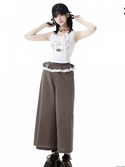 フリルレーストリムウエストワイドレッグパンツ ブラウンチェック