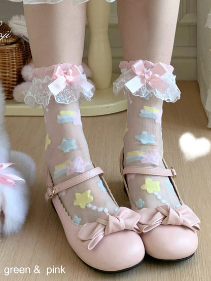Sheer Ankle Socks with Bow Lace Trim & Star Decoration, 7 Colors - ROJI ROJI