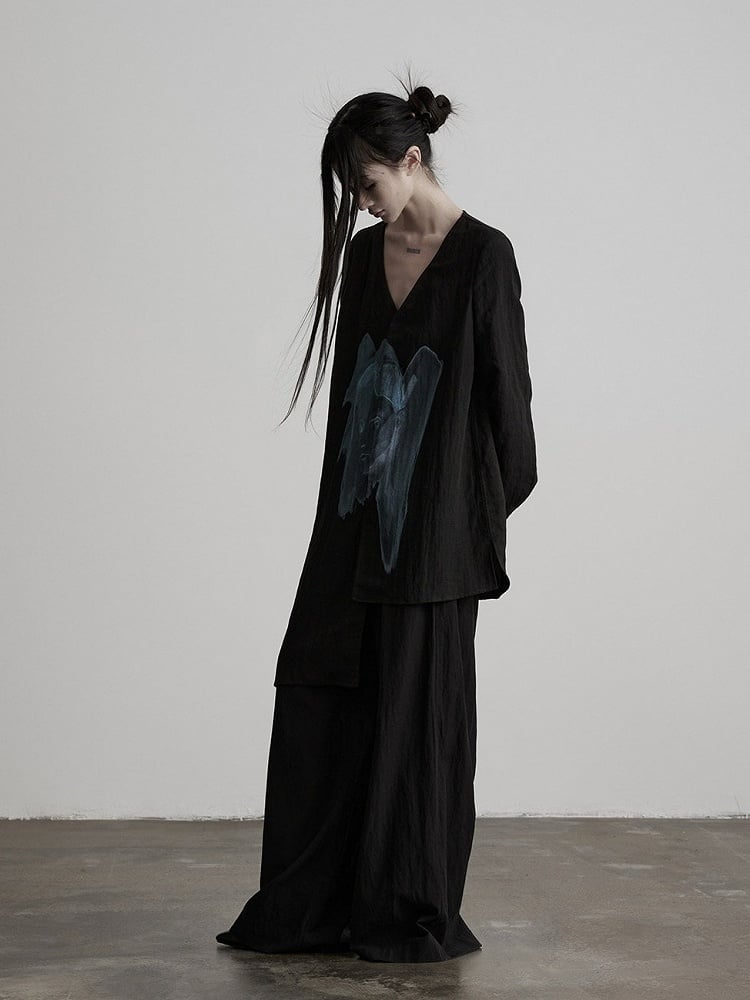 Asymmetric V-Neck Long Sleeve Top with Figure Print - INDULGE