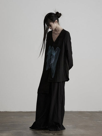 Asymmetric V-Neck Long Sleeve Top with Figure Print - INDULGE