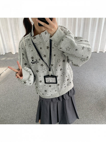 2-Color Y2K Star Zip-Up Jacket with Stripe Pattern - Solkatt