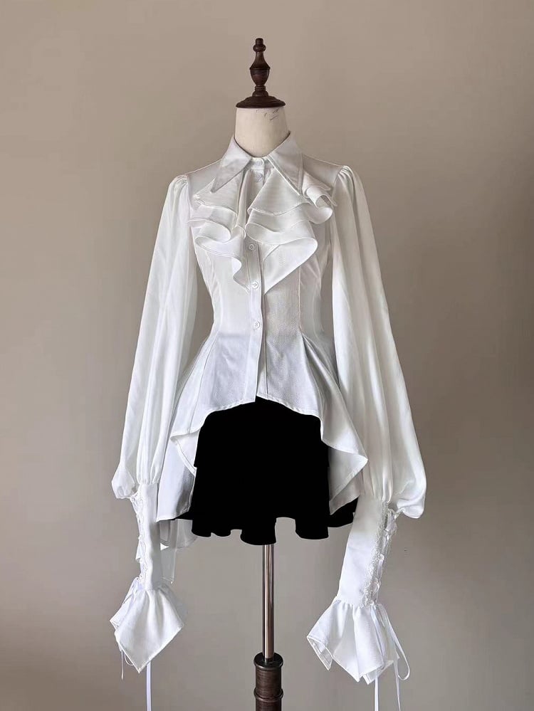Pointed Foldover Collar Gothic Shirt Long Jabot Ouji Lolita White Sleeves