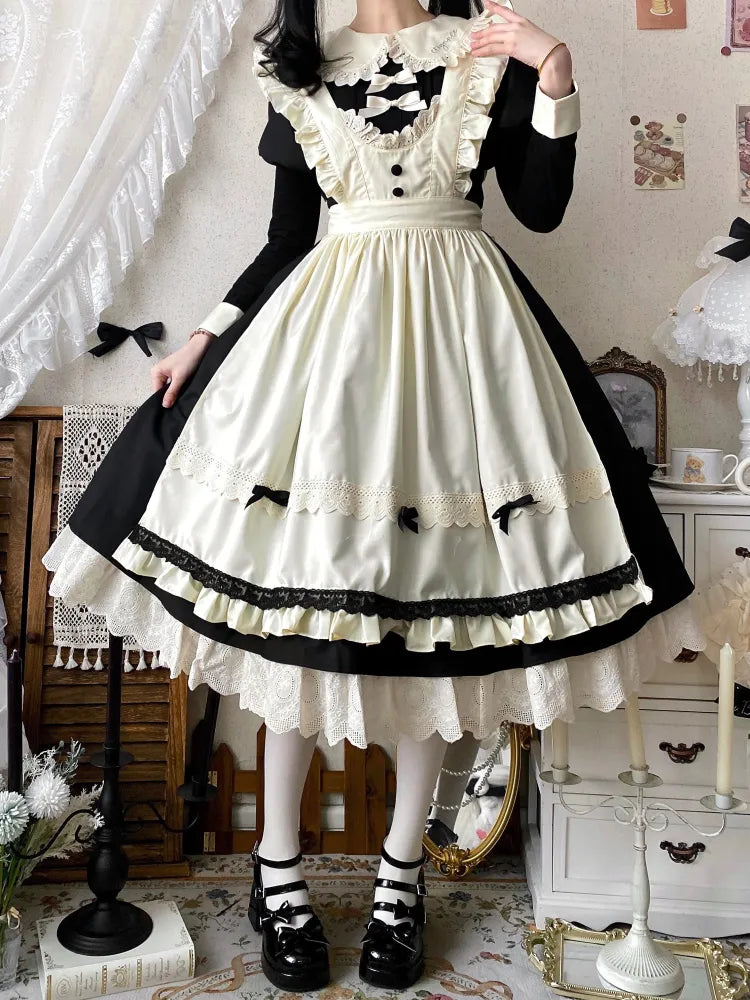 Beige Clearance-Size Piece Black Lolita and Juliette 84CM S Sleeves Maid Bust for One Apron Set +