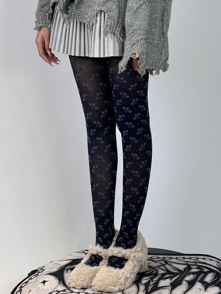 Dark Floral Blue Tights